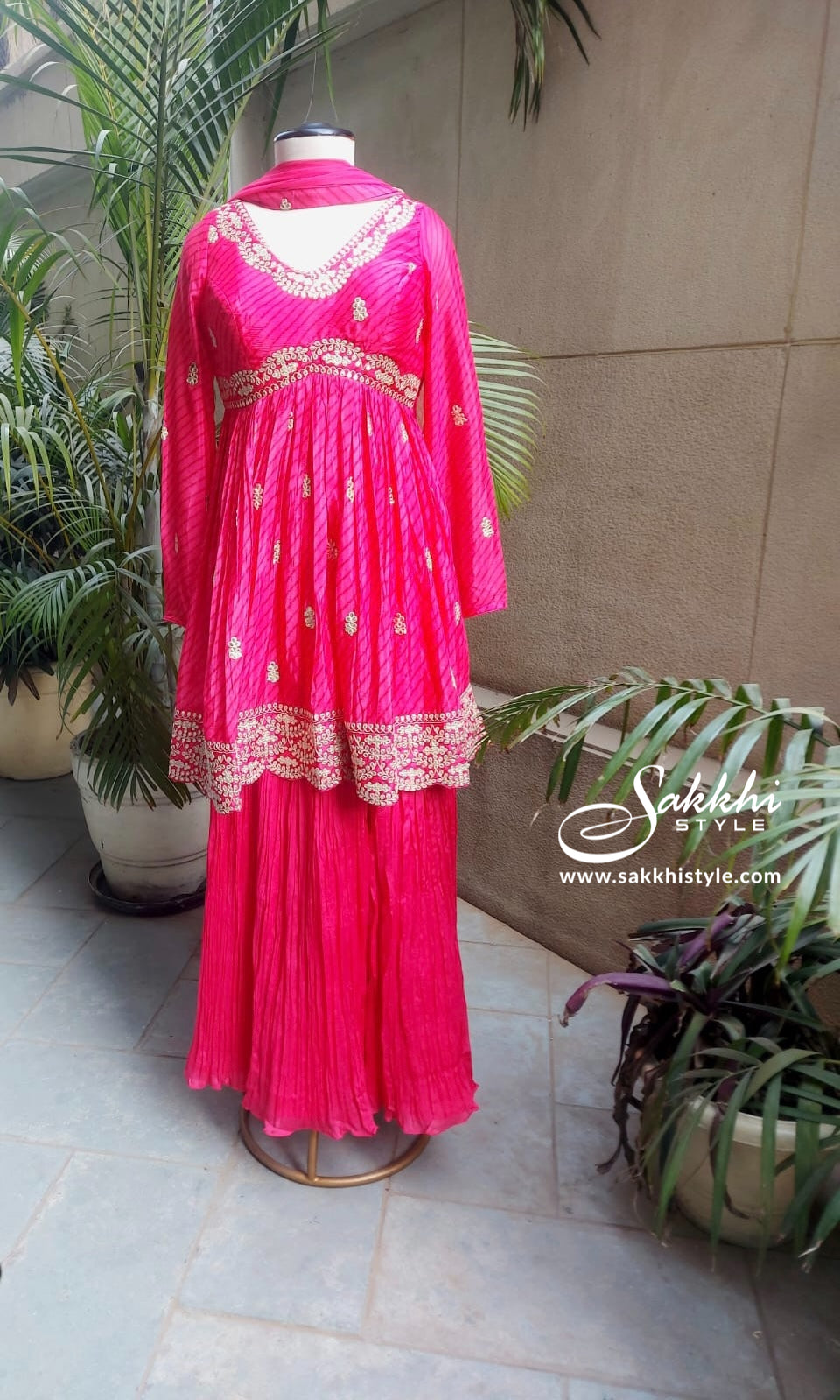 Sakkhi Style Silk Sharara Set with Embroidered Dupatta, Salwar, and Kurta - Sakkhi Style