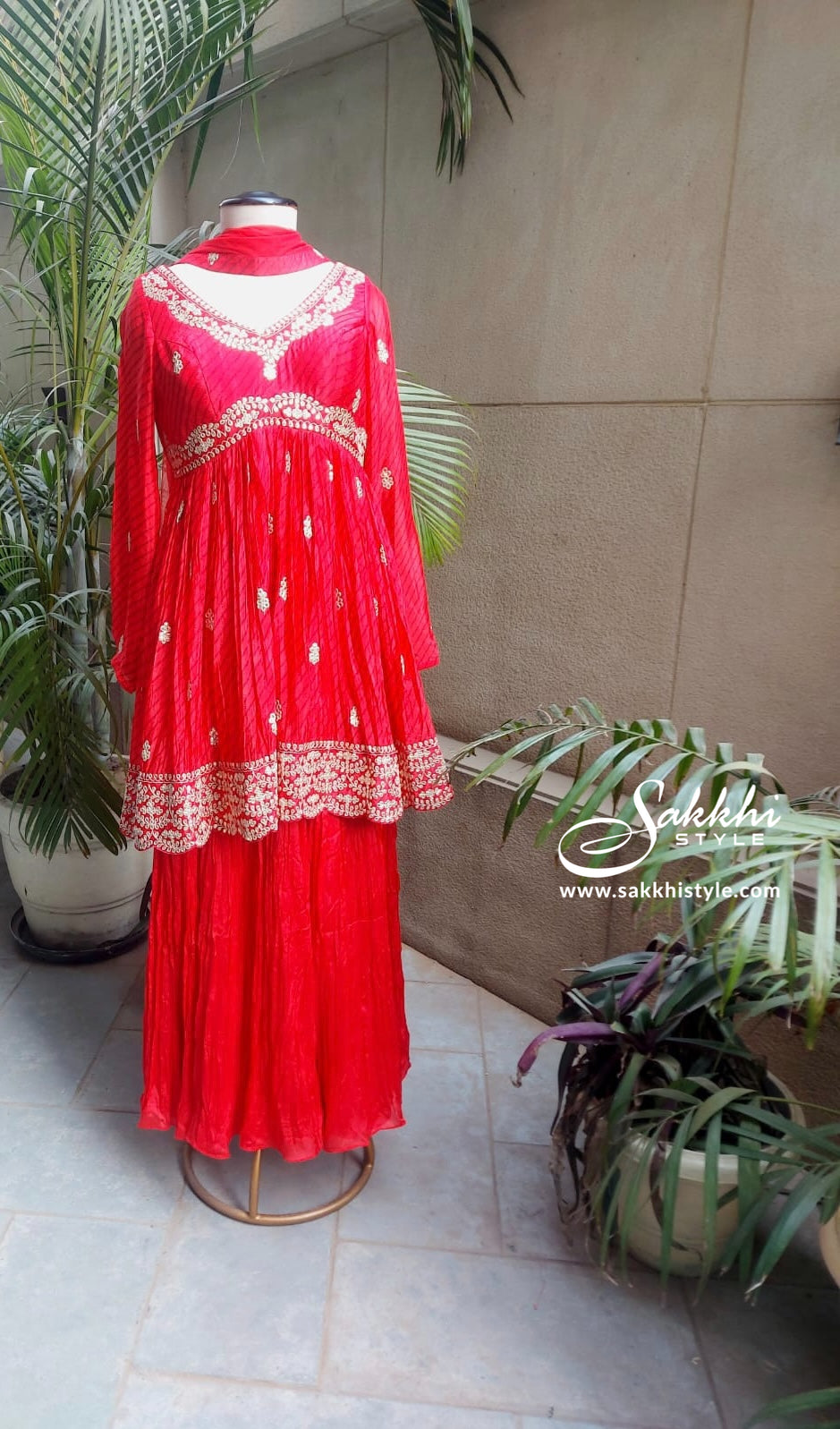 Sakkhi Style Red Sharara Set with Silk Dupatta, Salwar, and Kurta - Sakkhi Style