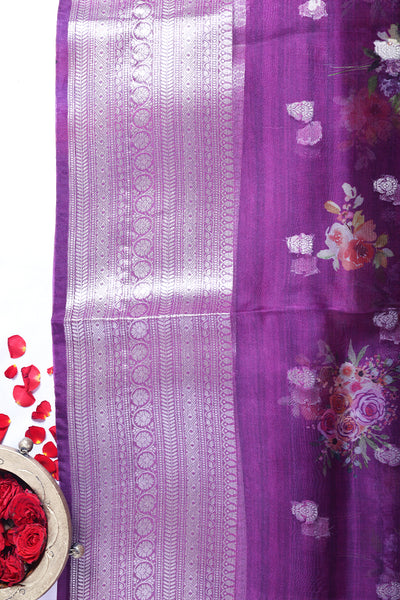 Purple and Multi Colour Floral Printed Organza Saree with Sequinend Blouse - Sakkhi Style