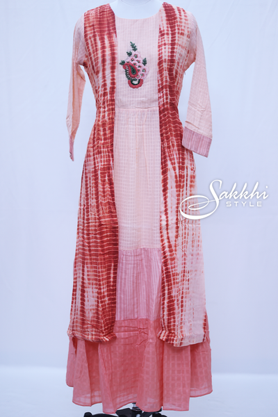 pastel red and silvery pink anarkali long kurti - Sakkhi Style