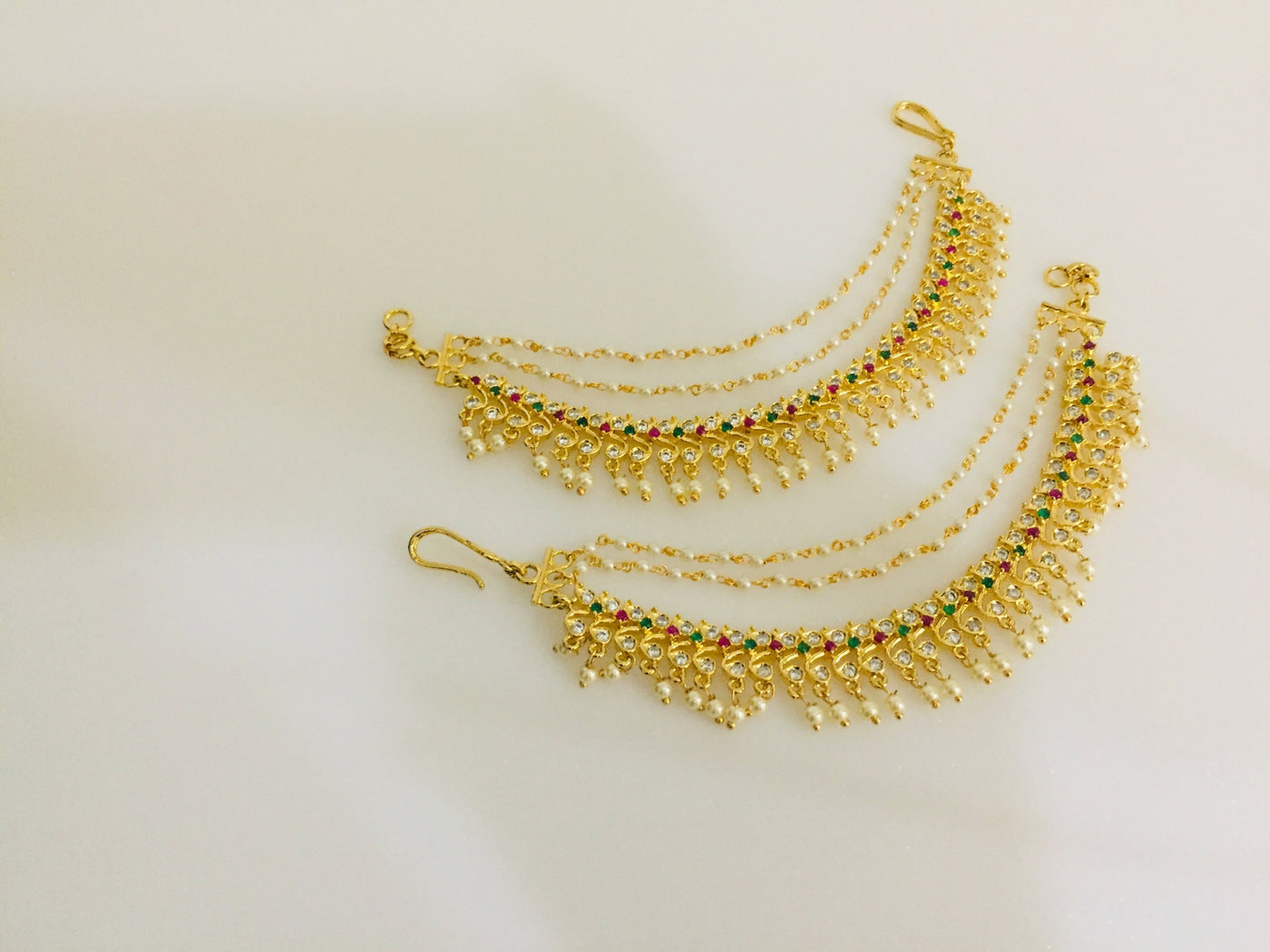 1 Gram Gold Earrings Chain/Champaswaralu/Maatal/Kaan Chain with Semi Rubies and Emeralds - Sakkhi Style