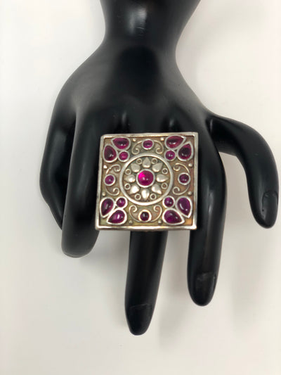 Silver Oxidized Ring with Pink Beads - Sakkhi Style