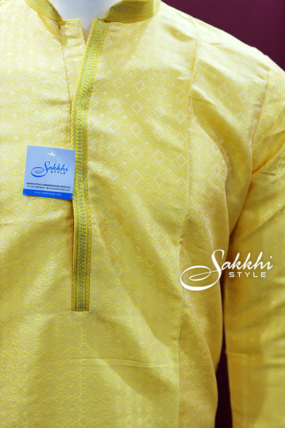 Lemon yellow and cream kurta pyjama self designed - Sakkhi Style