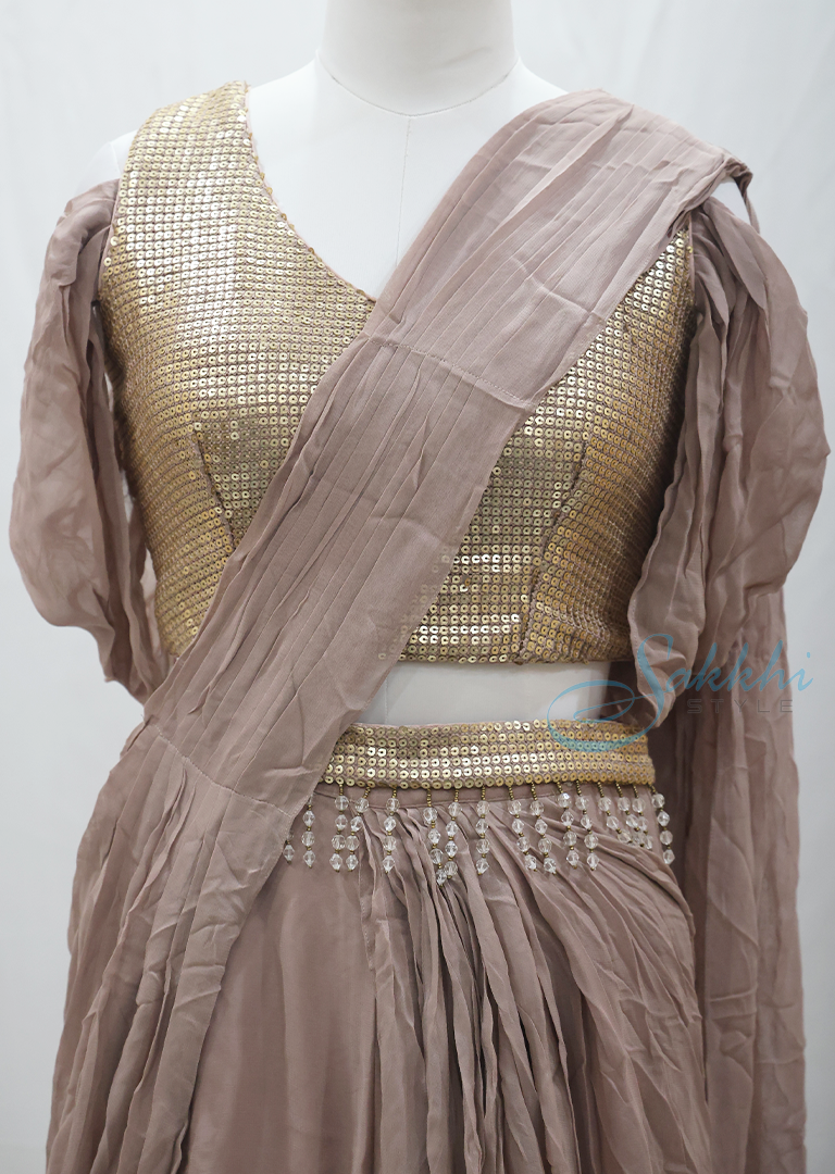 Light Brown georgette draoe style sahara suit with sequene blouse - Sakkhi Style