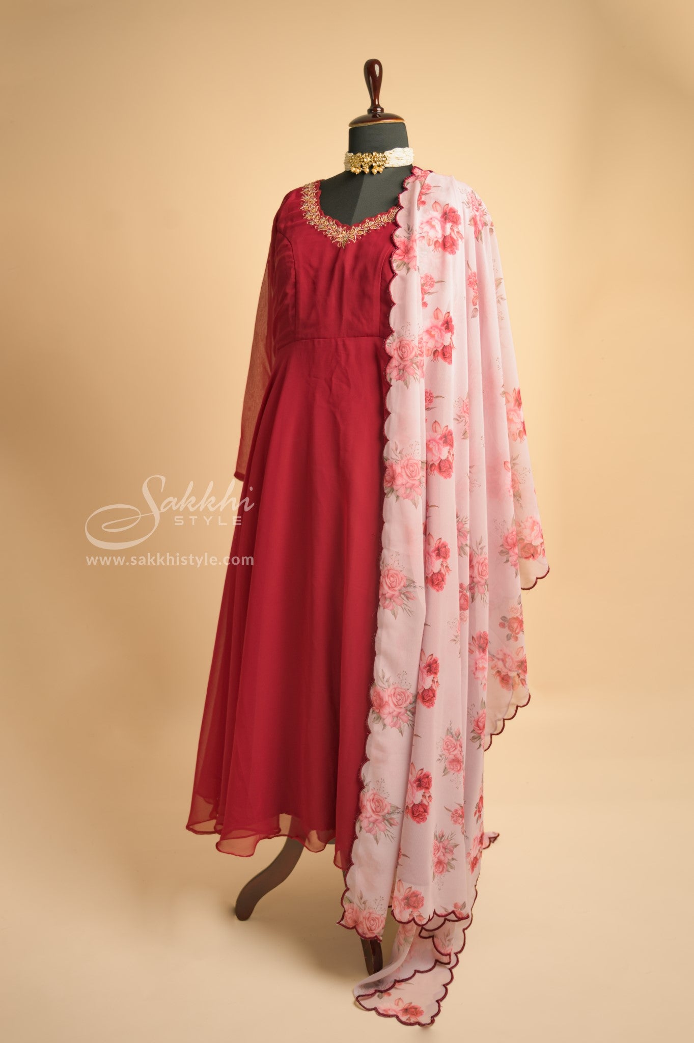 MAROON CHIFFON FLOOR LENGTH GOWN WITH FLORAL DUPPATTA - Sakkhi Style