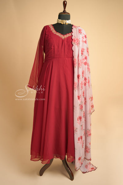 MAROON CHIFFON FLOOR LENGTH GOWN WITH FLORAL DUPPATTA - Sakkhi Style