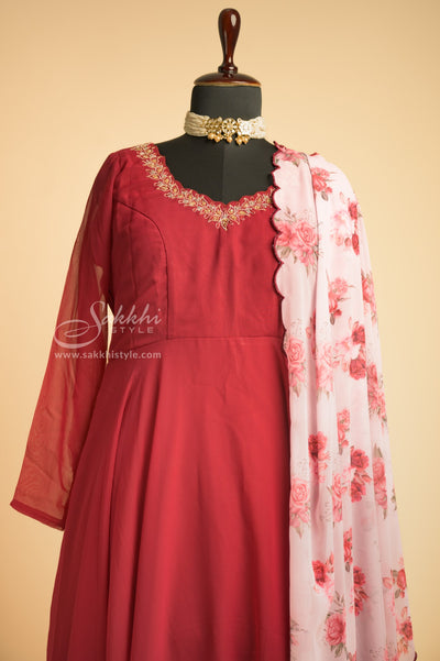 MAROON CHIFFON FLOOR LENGTH GOWN WITH FLORAL DUPPATTA - Sakkhi Style
