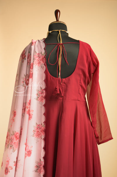 MAROON CHIFFON FLOOR LENGTH GOWN WITH FLORAL DUPPATTA - Sakkhi Style