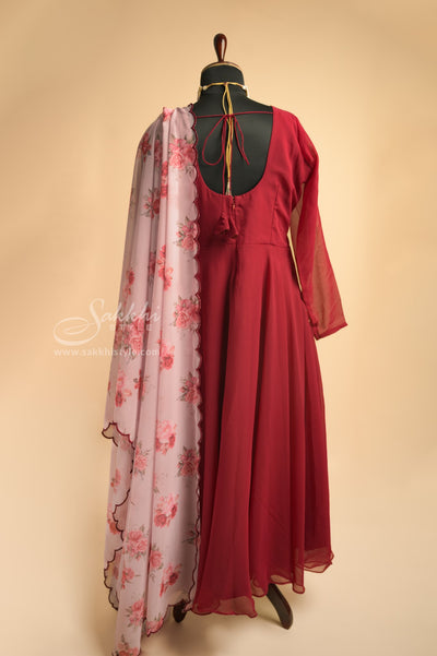 MAROON CHIFFON FLOOR LENGTH GOWN WITH FLORAL DUPPATTA - Sakkhi Style