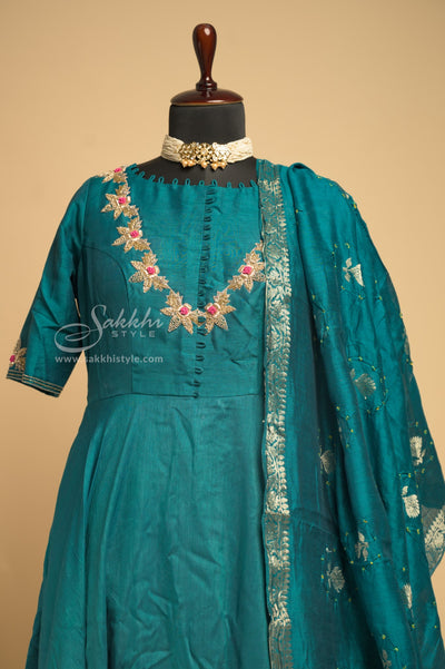 TEAL COLOURED SILK FLOOR LENGTH GOWN WITH BANDHINI DUPATTA - Sakkhi Style
