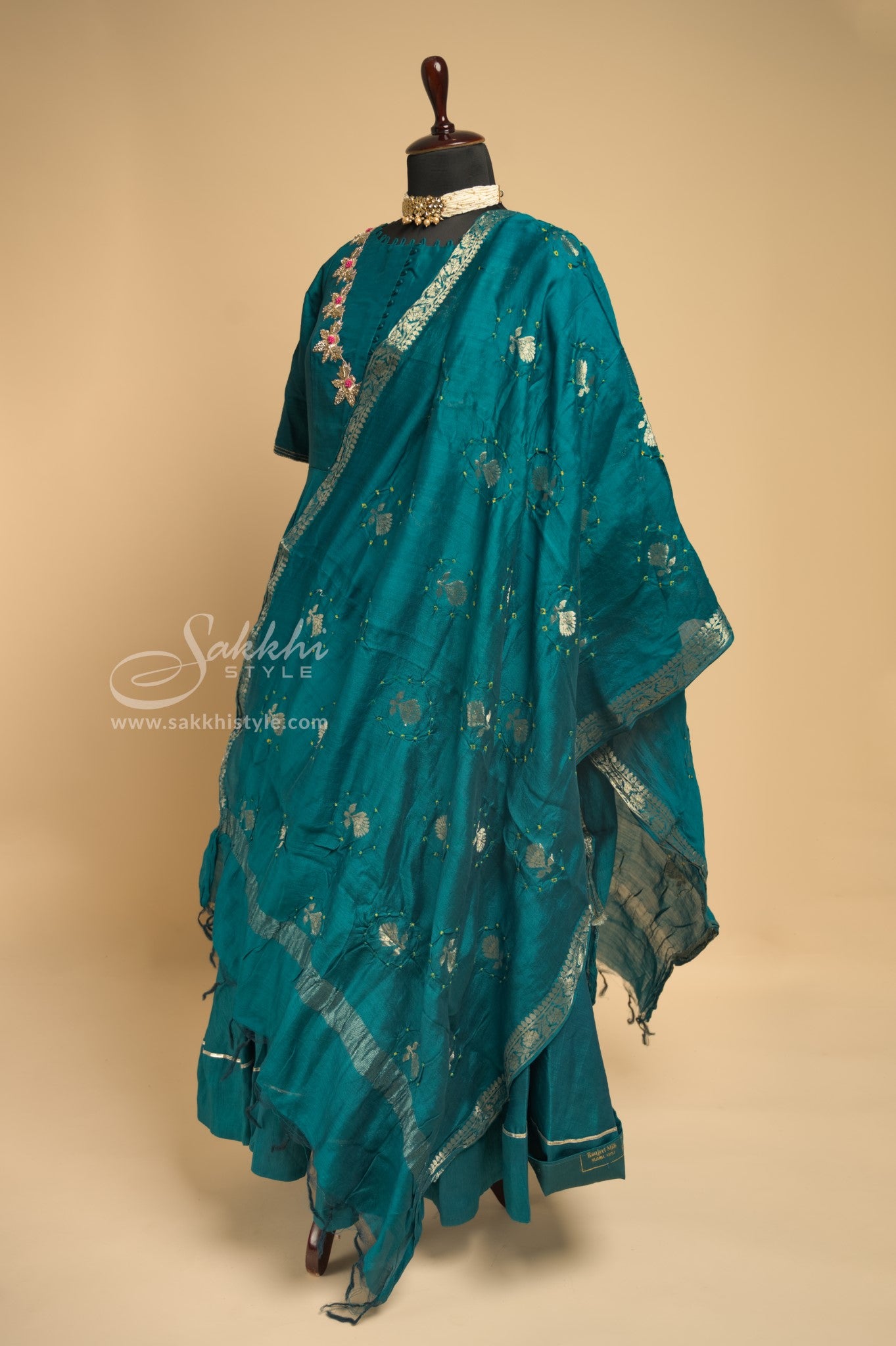 TEAL COLOURED SILK FLOOR LENGTH GOWN WITH BANDHINI DUPATTA - Sakkhi Style