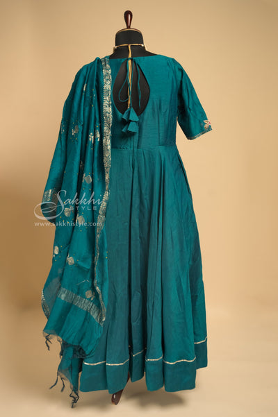 TEAL COLOURED SILK FLOOR LENGTH GOWN WITH BANDHINI DUPATTA - Sakkhi Style