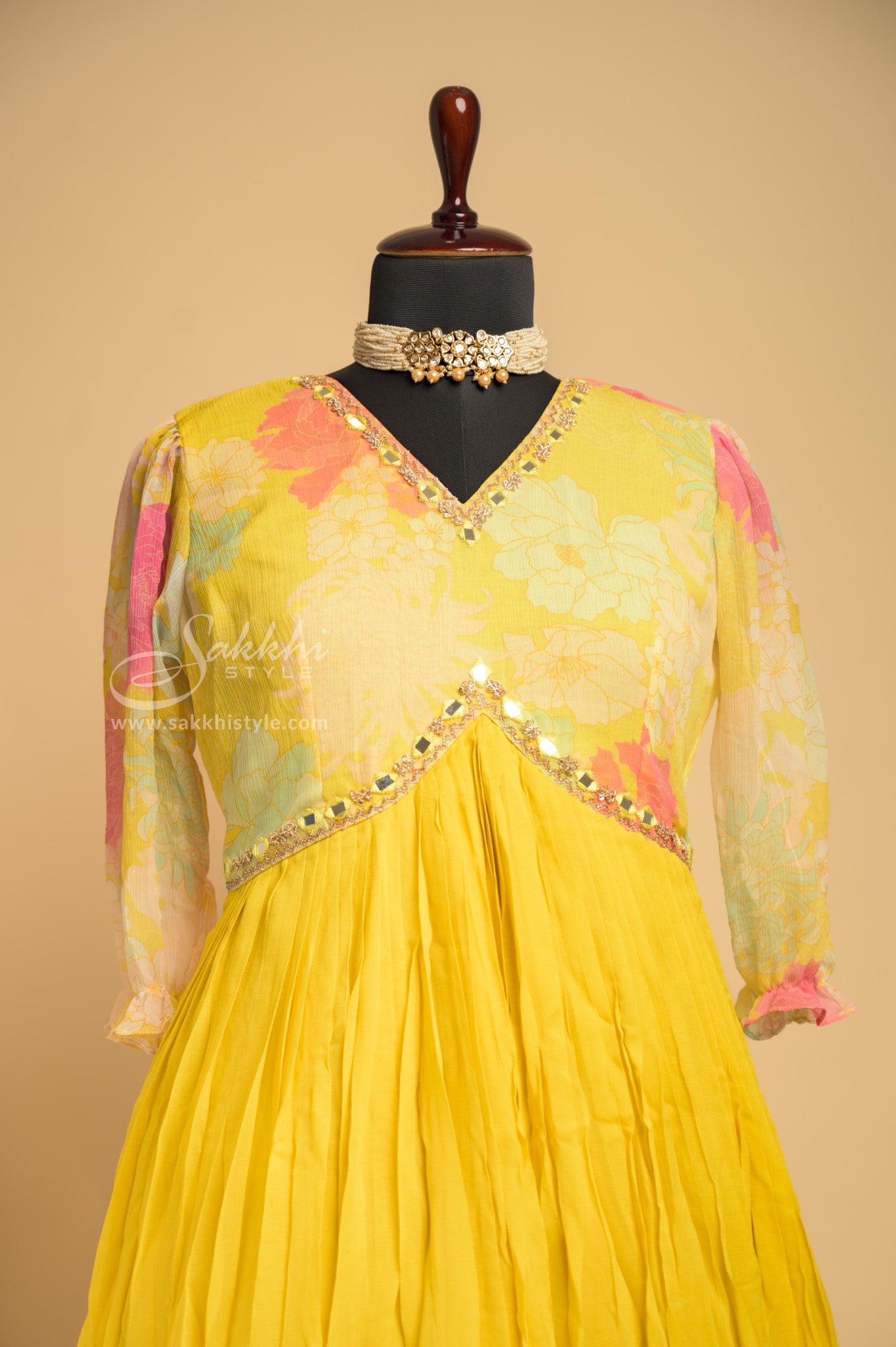 YELLOW FLOOR LENGTH CHIFFON GOWN - Sakkhi Style