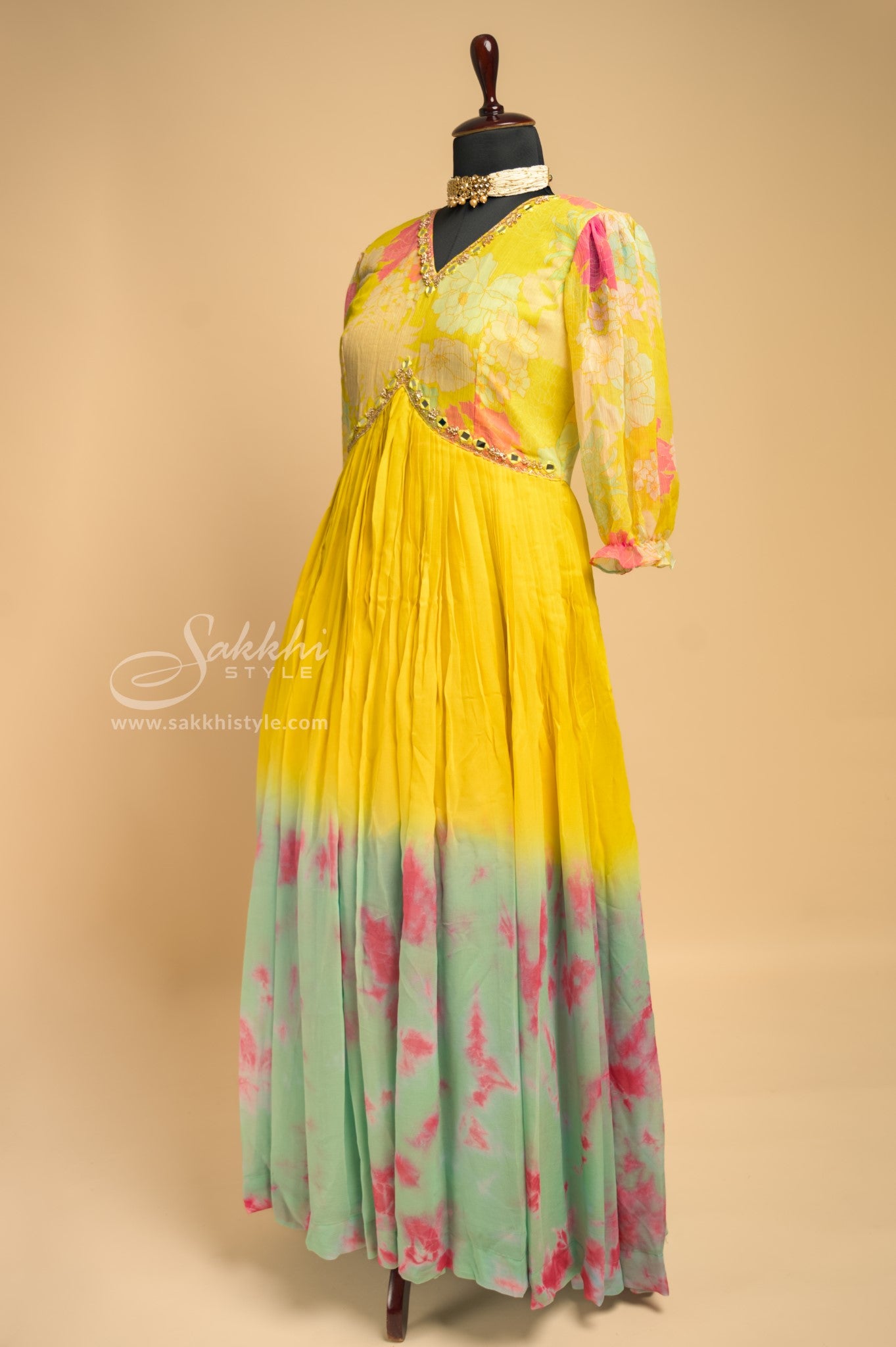 YELLOW FLOOR LENGTH CHIFFON GOWN - Sakkhi Style