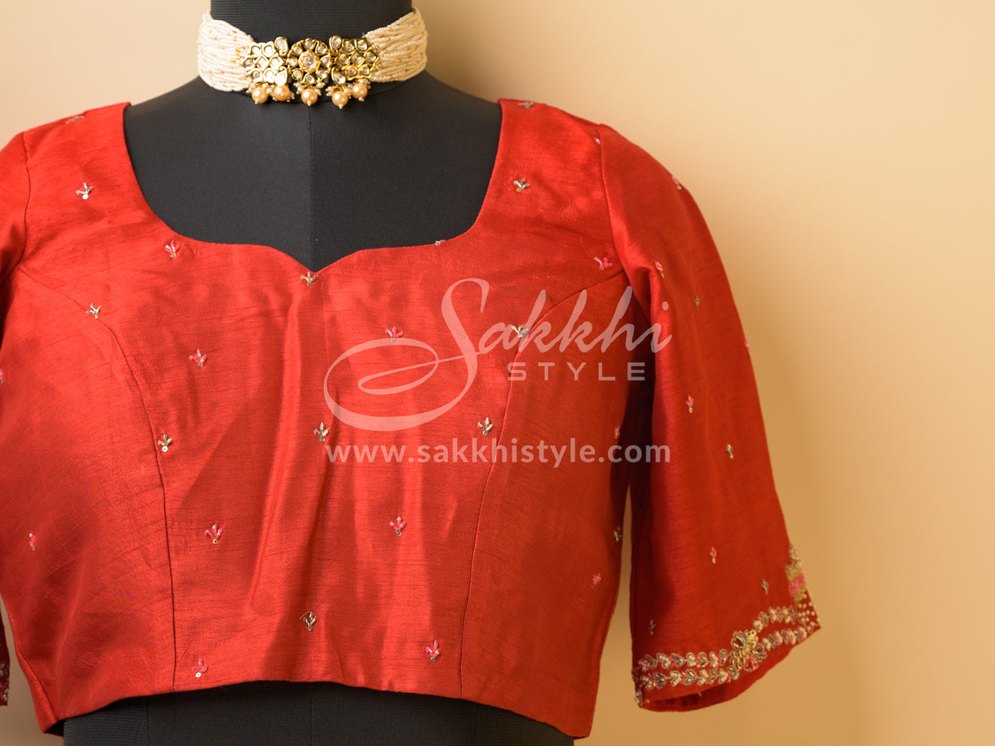 RED ORGANZA SAREE WITH MATCHING BLOUSE - Sakkhi Style