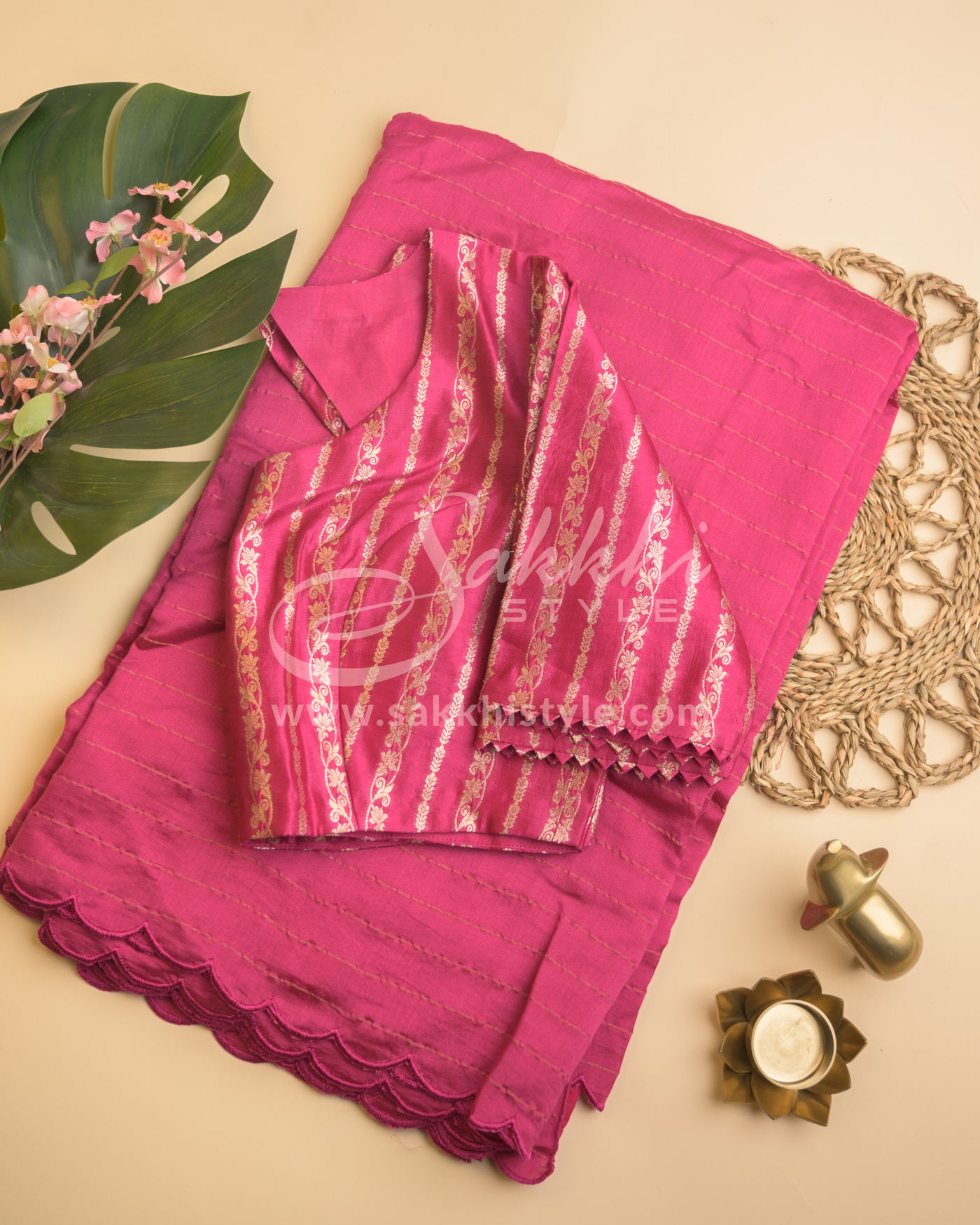 PINK CHANDERI SAREE WITH CUT WORK PAIRED WITH PRE STITCHED BLOUSE - Sakkhi Style