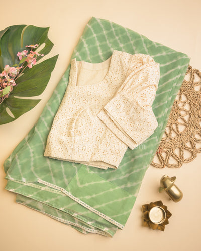 GREEN AND OFF WHITE LEHERIYA SAREE WITH STITCHED BLOUSE - Sakkhi Style
