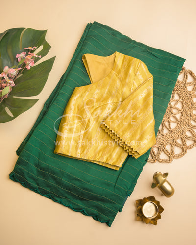 GREEN CHANDERI SAREE WITH CUT WORK PAIRED WITH BANARAS BLOUSE - Sakkhi Style