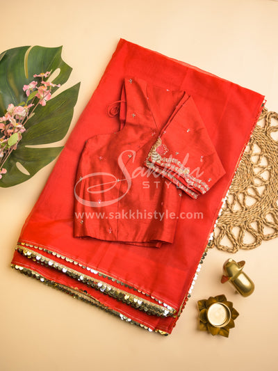 RED ORGANZA SAREE WITH MATCHING BLOUSE - Sakkhi Style