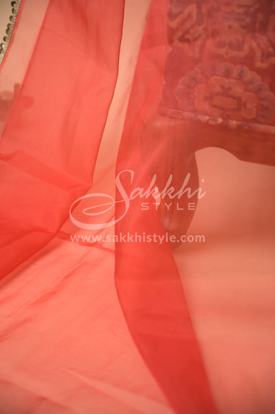 RED ORGANZA SAREE WITH MATCHING BLOUSE - Sakkhi Style