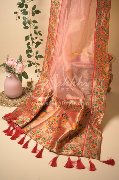 ORGANZA SAREE WITH PAITHANI BORDER PAIRED WITH PRE STITCHED BLOUSE - Sakkhi Style