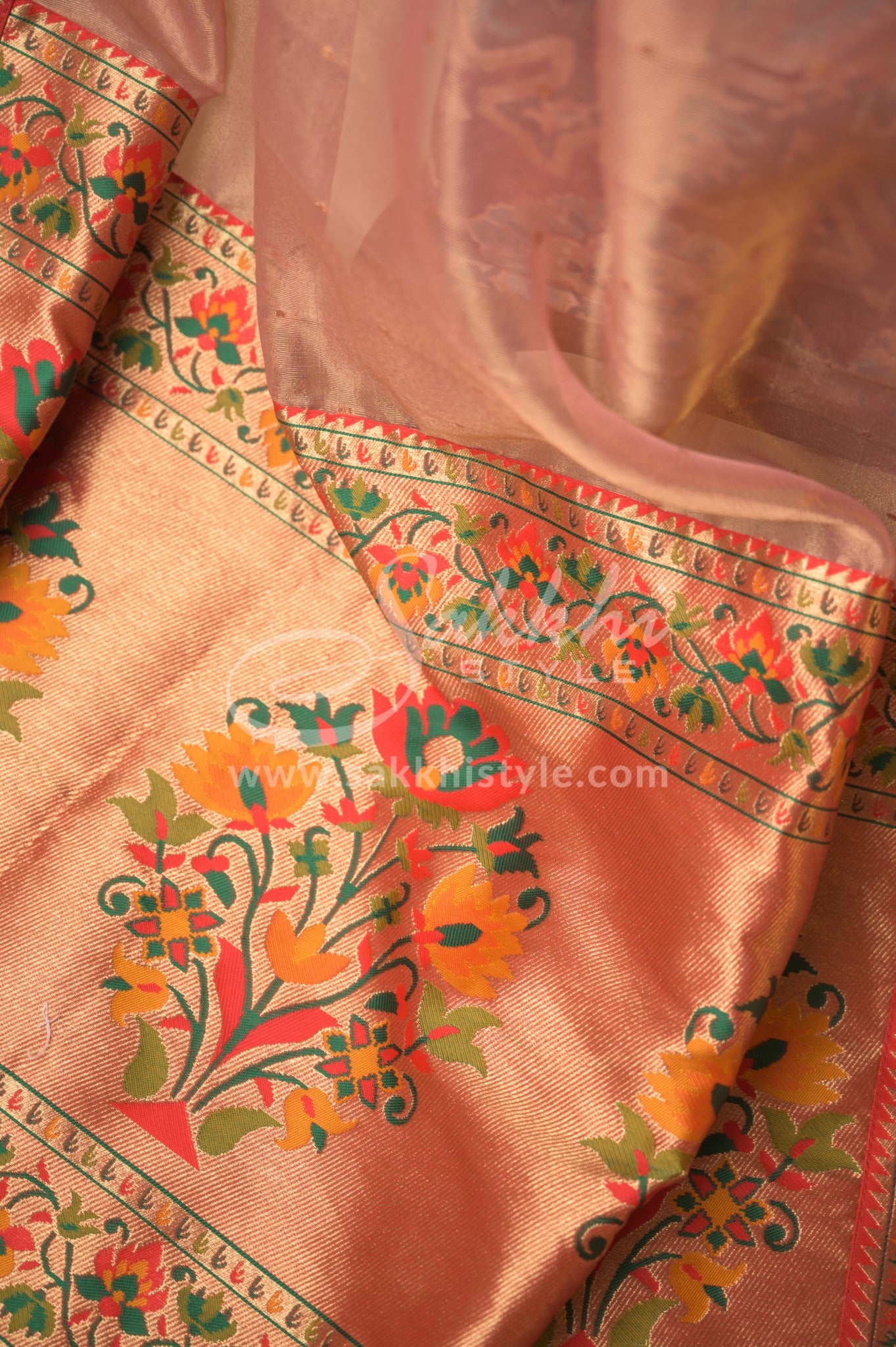 ORGANZA SAREE WITH PAITHANI BORDER PAIRED WITH PRE STITCHED BLOUSE - Sakkhi Style