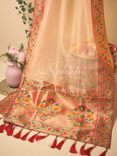ORGANZA SAREE WITH PAITHANI BORDER PAIRED WITH PRE STITCHED BLOUSE - Sakkhi Style