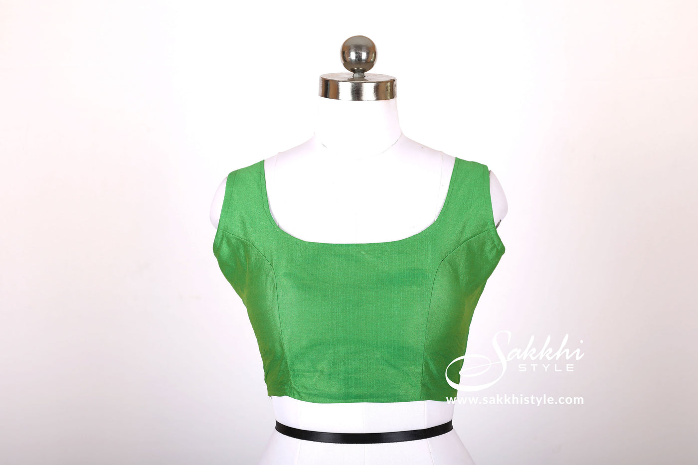 Women's solid parrot green colour poly silk sleeveless saree blouse - Sakkhi Style