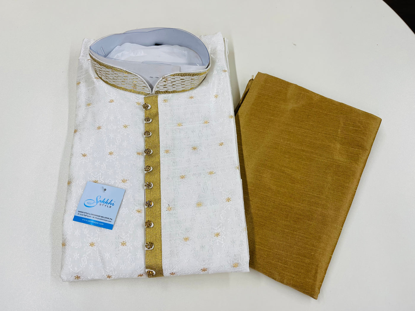 White and gold kurta pyjama with zari butis - Sakkhi Style